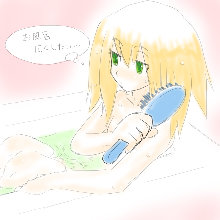 1girl blonde_hair brushing_hair brushing_own_hair female_focus green_eyes long_hair mega_man_(series) mega_man_legends_(series) mega_man_legends_3 muu_(mumumer) roll_caskett_(mega_man) solo