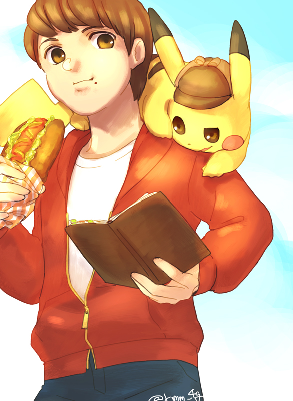1boy book brown_eyes brown_hair clothed_pokemon commentary_request creature deerstalker detective_pikachu_(character) detective_pikachu_(game) detective_pikachu_(series) food gen_1_pokemon hat holding holding_book holding_food hot_dog kimimi_(kmm) male_focus nintendo on_shoulder open_book pikachu pokemon pokemon_(creature) pokemon_on_shoulder signature tim_goodman zipper