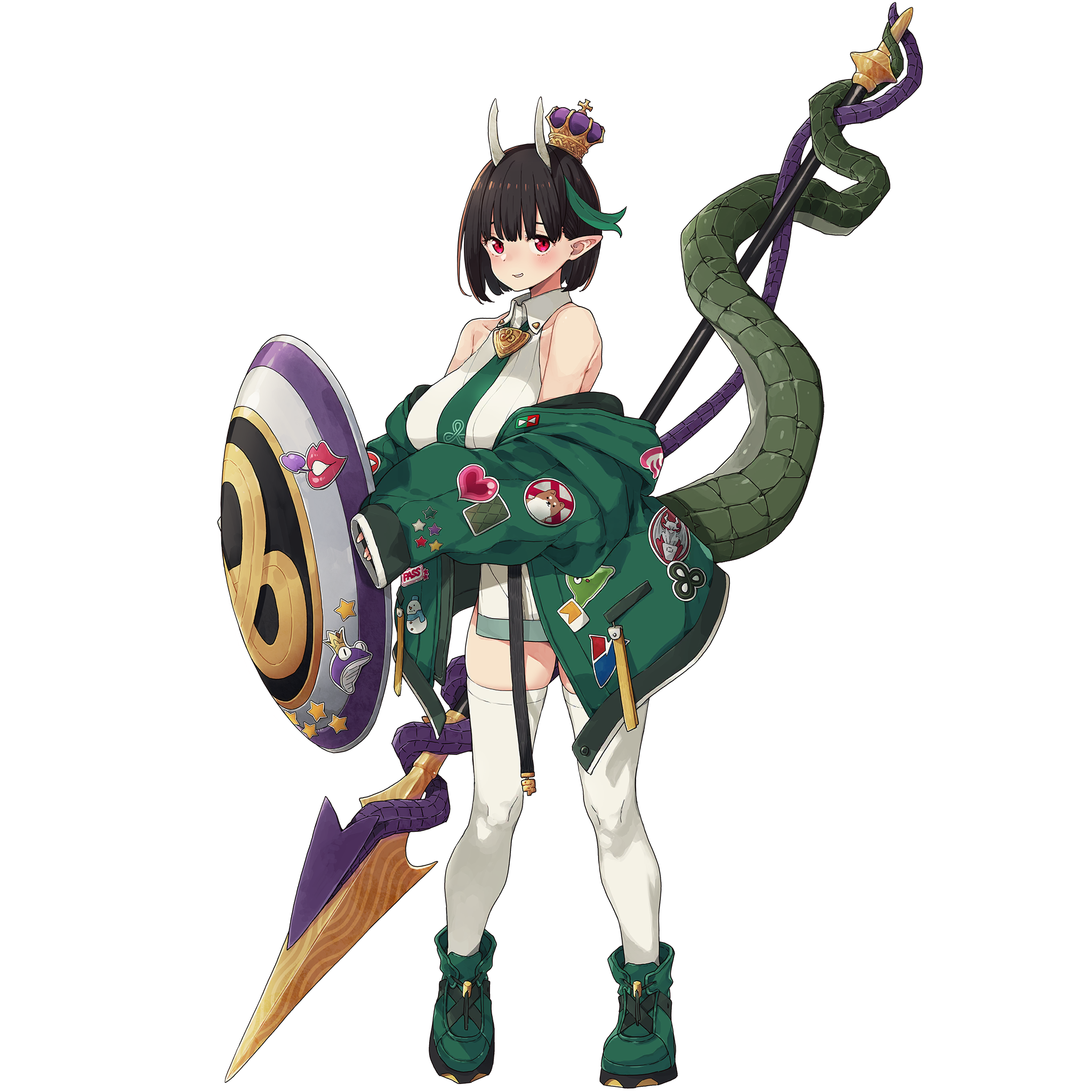 1girl bare_shoulders biscione_(fate) biscione_(second_ascension)_(fate) black_hair blush breasts crown dragon_girl dragon_horns dragon_tail dress fate/grand_order fate_(series) full_body game_cg green_hair green_jacket green_shoes grin highres holding holding_polearm holding_shield holding_weapon horns imigimuru jacket large_breasts long_sleeves looking_at_viewer mini_crown multicolored_hair necktie off_shoulder official_art open_clothes outline pointy_ears polearm red_eyes shield shoes short_dress short_hair sleeveless sleeves_past_wrists smile solo standing sticker streaked_hair tachi-e tail thighhighs third-party_source transparent_background weapon white_horns white_outline white_thighhighs