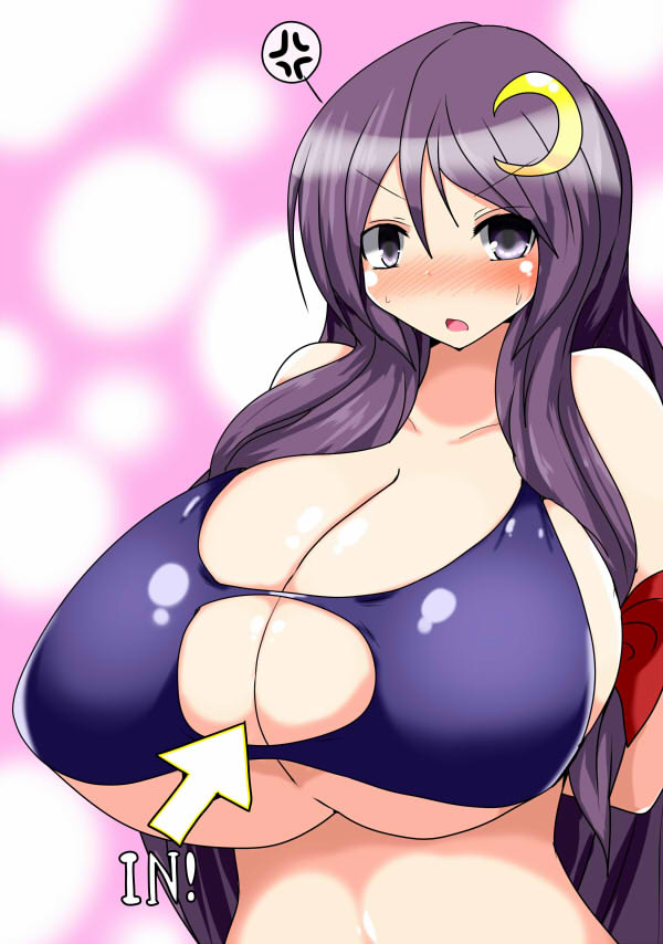 &gt;:o 1girl :o anger_vein arms_behind_back arrow_(symbol) bare_shoulders bikini blue_bow blue_ribbon blush bow breasts cleavage crescent crescent_hair_ornament female_focus hair_ornament hair_ribbon huge_breasts long_hair looking_at_viewer no_headwear open_mouth patchouli_knowledge purple_eyes purple_hair red_bow red_ribbon ribbon solo spoken_anger_vein swimsuit taku_(yakumodaisuki) touhou upper_body v-shaped_eyebrows very_long_hair