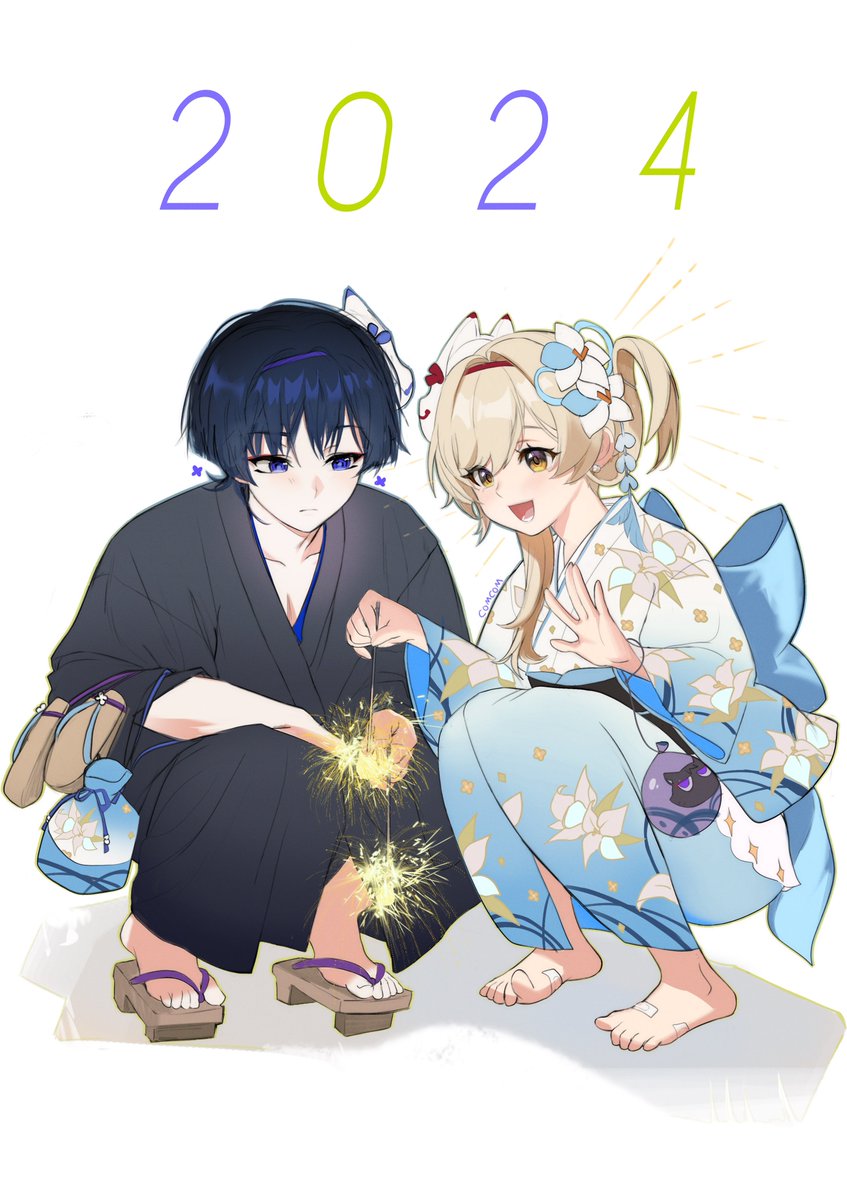 1boy 1girl 2024 alternate_costume alternate_hairstyle animal_print aqua_flower aqua_kimono arm_on_thigh artist_name asymmetrical_sidelocks bag bandaid bandaid_on_foot barefoot black_hair black_kimono blonde_hair blunt_ends bright_pupils cat_print closed_mouth collarbone comcom_(comcomhey) expressionless eyelashes eyeliner eyeshadow feather_hair_ornament feathers fireworks floral_print flower fox_mask full_body genshin_impact geta hair_flower hair_intakes hair_ornament hairband han&#039;eri highres holding holding_fireworks japanese_clothes kimono layered_clothes layered_kimono light_blush long_sleeves looking_at_object lower_teeth_only lumine_(genshin_impact) makeup mask mask_on_head multicolored_flower multicolored_hair new_year obi obiage on_ground open_hand open_mouth parted_bangs pectoral_cleavage pectorals platform_footwear purple_eyes purple_hair red_eyeliner red_eyeshadow red_hairband sandals sash scaramouche_(cat)_(genshin_impact) scaramouche_(genshin_impact) senkou_hanabi shadow short_hair short_hair_with_long_locks side-by-side sidelocks_tied_back single_sidelock sleeves_past_wrists sparkler squatting star_(symbol) star_print streaked_hair teeth tongue unworn_footwear white_background white_flower white_pupils wide_sleeves yellow_eyes zouri
