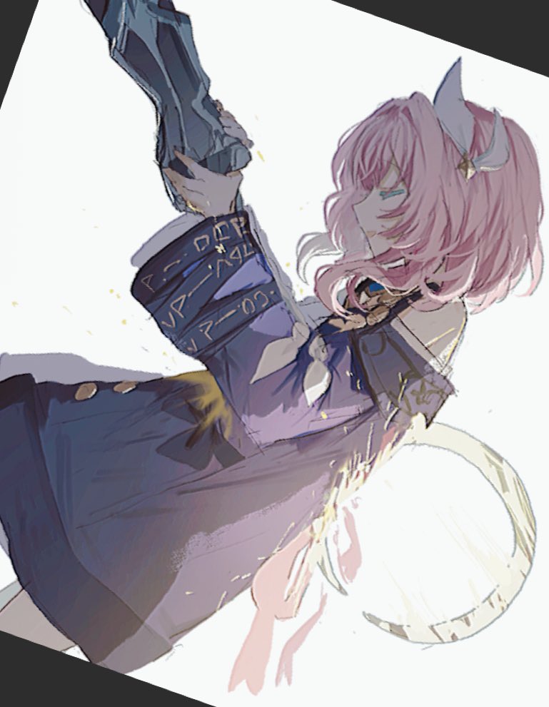 1boy 1girl armored_gloves closed_eyes coat cyrene_(honkai:_star_rail) flame_reaver_of_the_deepest_dark hair_ornament honkai:_star_rail honkai_(series) inagoinaire jewelry medium_hair necklace pink_hair purple_coat short_hair simple_background stab staff white_background