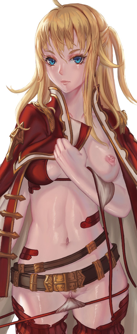 1girl belt bikini bikini_pull blonde_hair blue_eyes breasts clothes_pull coat cowboy_shot edenfox female_focus frilled_thigh_strap long_hair looking_at_viewer medium_breasts navel nipples open_clothes open_coat original red_bikini solo standing swimsuit thigh_strap untied_bikini white_background