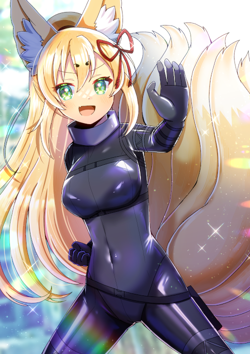 1girl :d animal_ears black_bodysuit blonde_hair blurry blurry_background bodysuit breasts commentary_request commission covered_navel depth_of_field fang fox_ears fox_girl fox_tail framed_breasts green_eyes hair_between_eyes kitsune kou_hiyoyo latex latex_bodysuit long_hair medium_breasts mon-musu_quest! open_mouth ponytail skeb_commission smile solo tail tamamo_(mon-musu_quest!) v-shaped_eyebrows very_long_hair