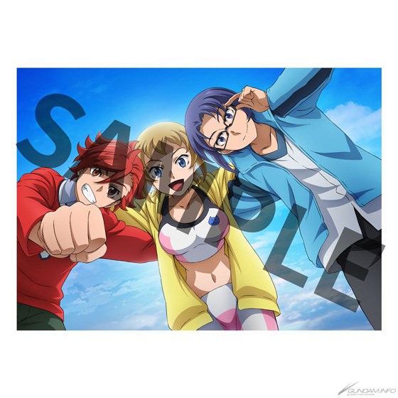 1girl 2boys arm_around_shoulder artist_request bike_shorts blue_eyes blue_hair blue_jacket brown_hair collarbone glasses gundam gundam_build_fighters gundam_build_fighters_try hood hoodie hoshino_fumina jacket kamiki_sekai kousaka_yuuma leaning_forward midriff multiple_boys navel official_art parted_bangs red_eyes red_hair red_sweater sample_watermark smile sports_bra sweater watermark yellow_hoodie