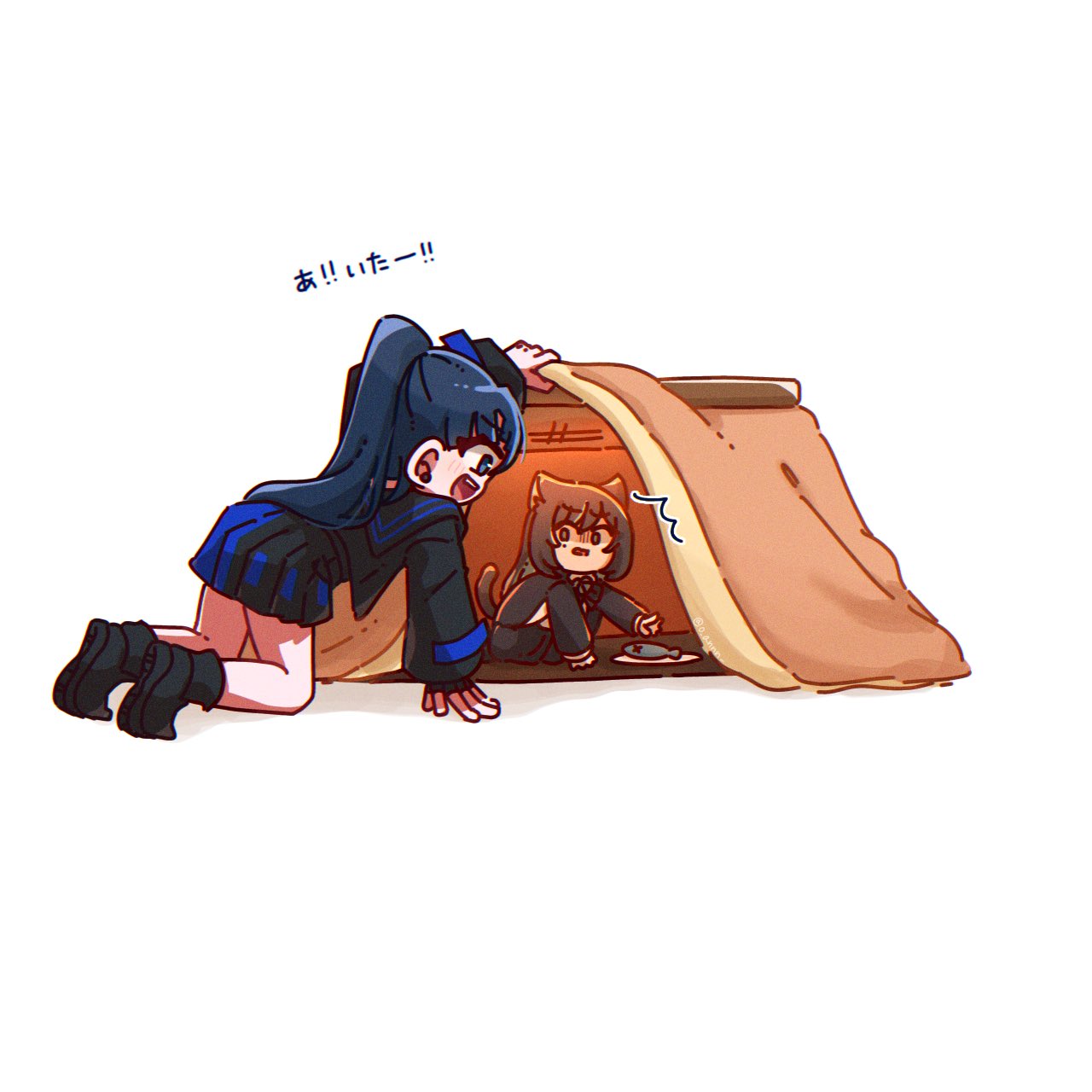 2girls ado_(utaite) animal_ears black_footwear black_gloves black_hair black_shirt black_skirt blue_eyes blue_hair blush cat_ears cat_girl cat_tail chando_(ado) colored_inner_hair commentary_request fingerless_gloves gloves highres kemonomimi_mode kotatsu long_sleeves mole mole_under_eye multicolored_hair multiple_girls naima_(ado) oan_(o_annn) open_mouth pleated_skirt ponytail shirt simple_background single_glove skirt table tail teeth translation_request under_kotatsu under_table upper_teeth_only usseewa utaite white_background