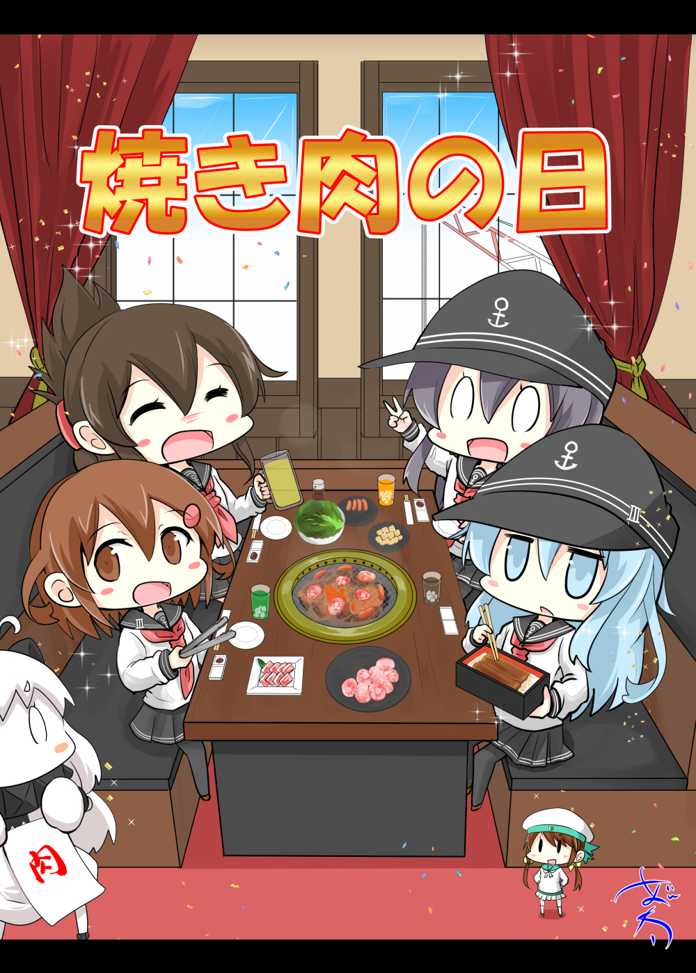 0_0 5girls akatsuki_(kancolle) black_headwear blue_hair brown_eyes brown_hair chibi closed_eyes commentary_request copyright_name curtains folded_ponytail hibiki_(kancolle) highres ikazuchi_(kancolle) inazuma_(kancolle) kantai_collection light_blue_hair meat_day multiple_girls northern_ocean_princess nyonyonba_tarou purple_hair signature sitting table translation_request window yakiniku