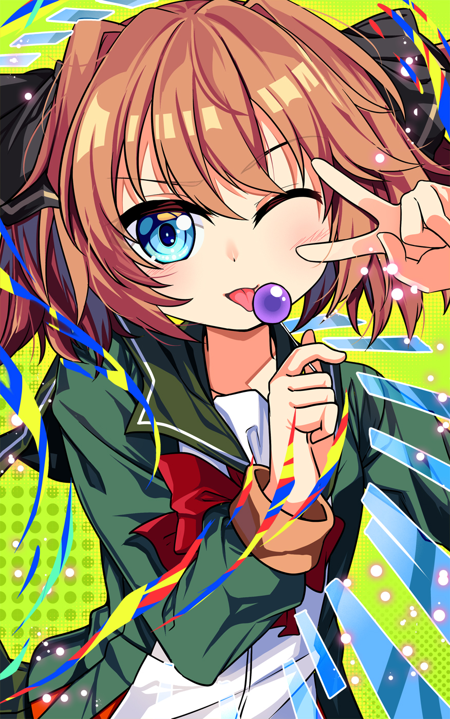 1girl blue_eyes blush brown_hair candy chupa_chups food green_jacket hachijou_(kancolle) highres holding holding_candy holding_food jacket kantai_collection lollipop long_sleeves looking_at_viewer one_eye_closed open_clothes open_jacket red_ribbon ribbon short_hair solo tongue tongue_out yasume_yukito