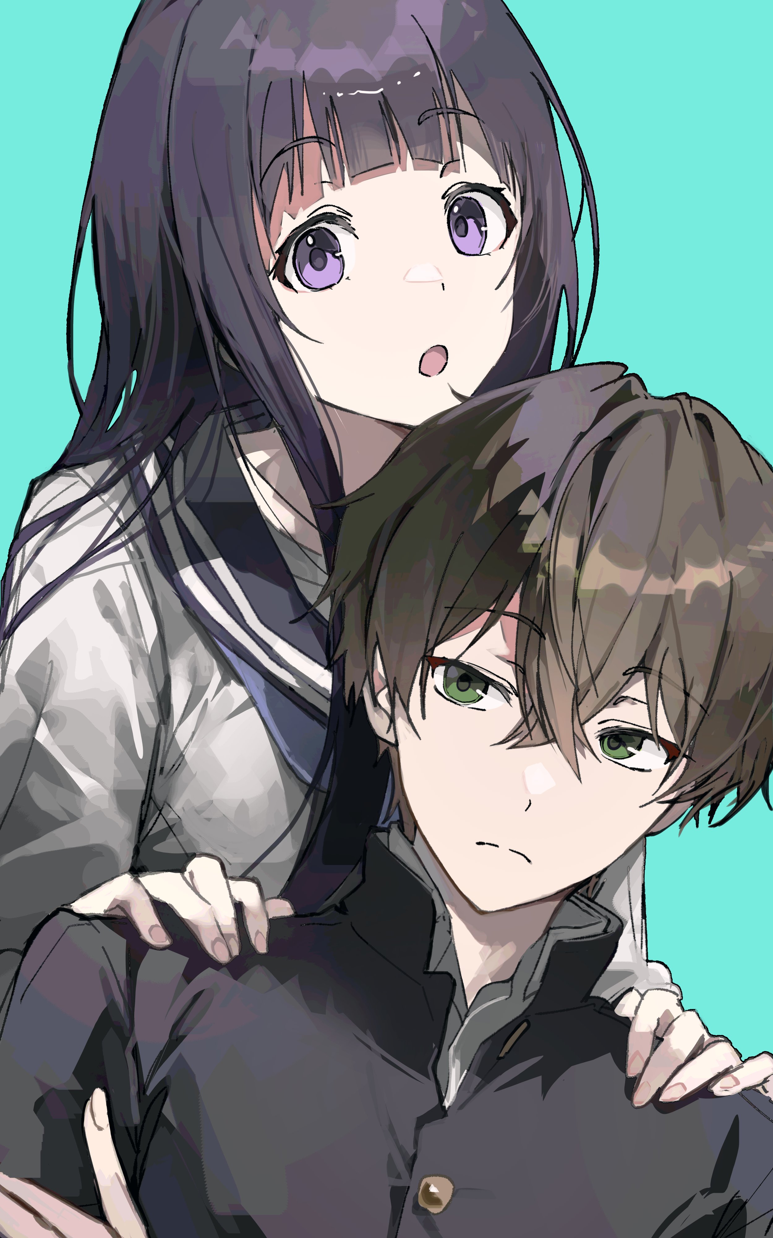 1boy 1girl absurdres black_hair blue_background brown_hair chitanda_eru commentary_request couple crossed_bangs gakuran green_eyes hair_between_eyes hands_on_another's_shoulders highres hyouka ike_0910 kamiyama_high_school_uniform_(hyouka) looking_at_viewer oreki_houtarou purple_eyes sailor_collar school_uniform simple_background upper_body