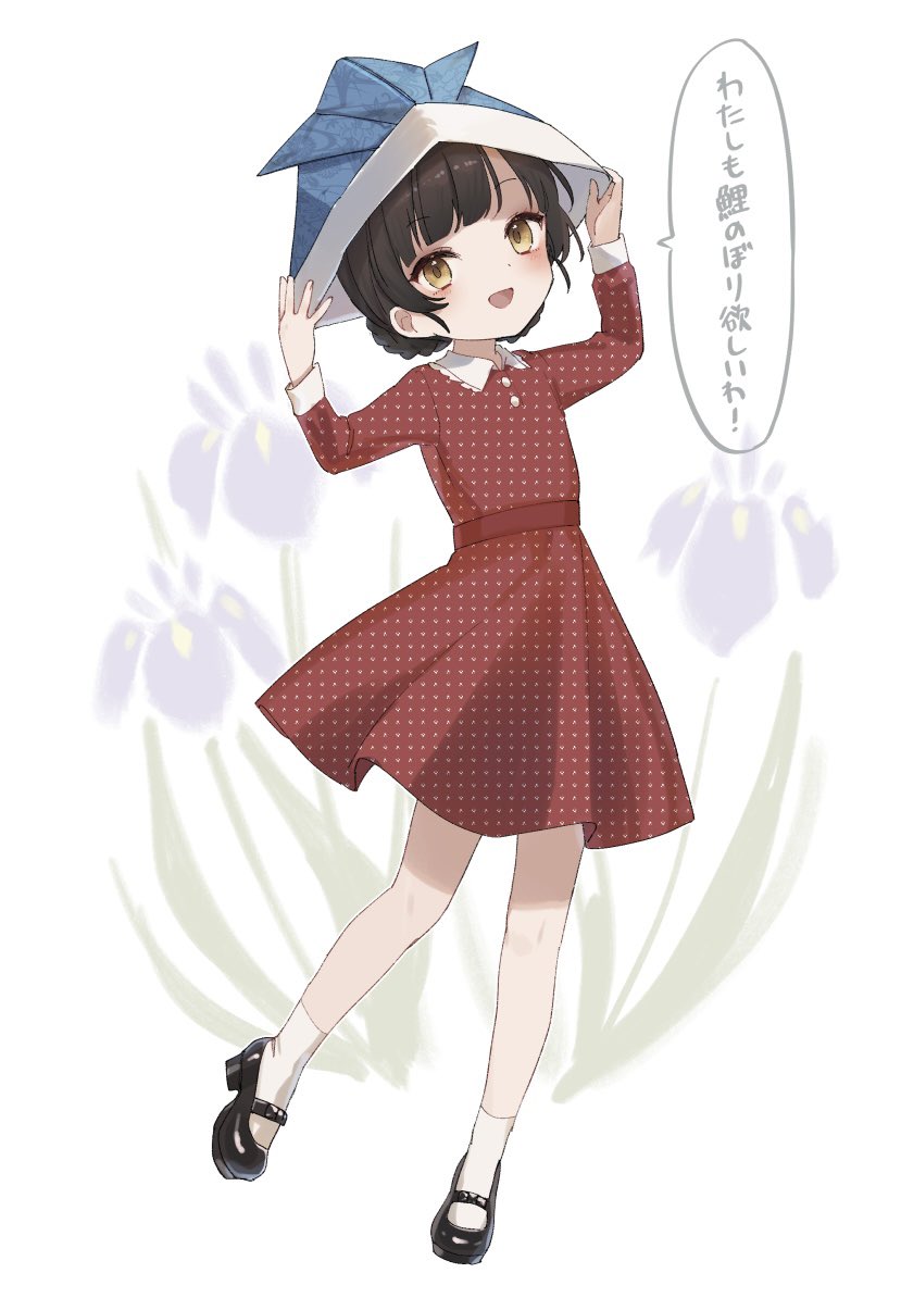 1girl alternate_costume black_hair blunt_bangs braid braided_bun brown_eyes commentary_request double_bun dress full_body hair_bun kantai_collection long_hair looking_at_viewer one-hour_drawing_challenge paper_hat paper_kabuto polka_dot polka_dot_dress red_dress solo translation_request twin_braids unmoving_pattern yamashichi_(mtseven) yawata_maru_(kancolle)