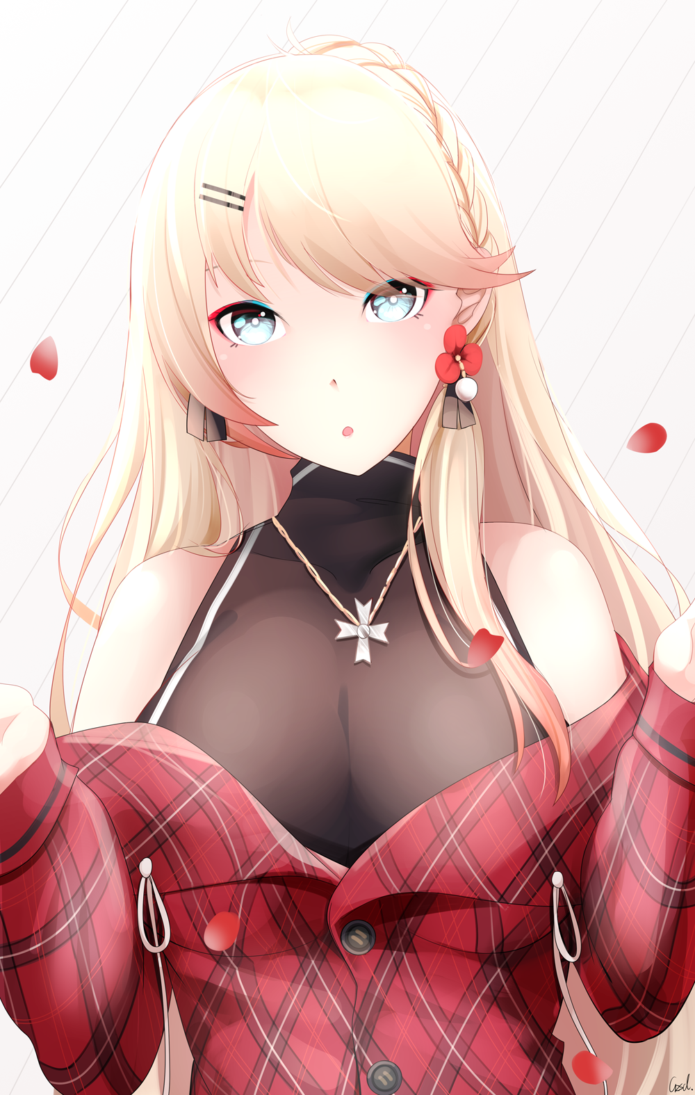 1girl azur_lane blonde_hair blue_eyes braid breasts cleavage cross cross_necklace dress earrings flower_earrings gzsd hands_up highres howe_(azur_lane) howe_(noble_rouge)_(azur_lane) jewelry long_hair looking_at_viewer medium_breasts necklace open_mouth petals plaid_clothes plaid_dress plaid_shirt shirt simple_background single_braid solo
