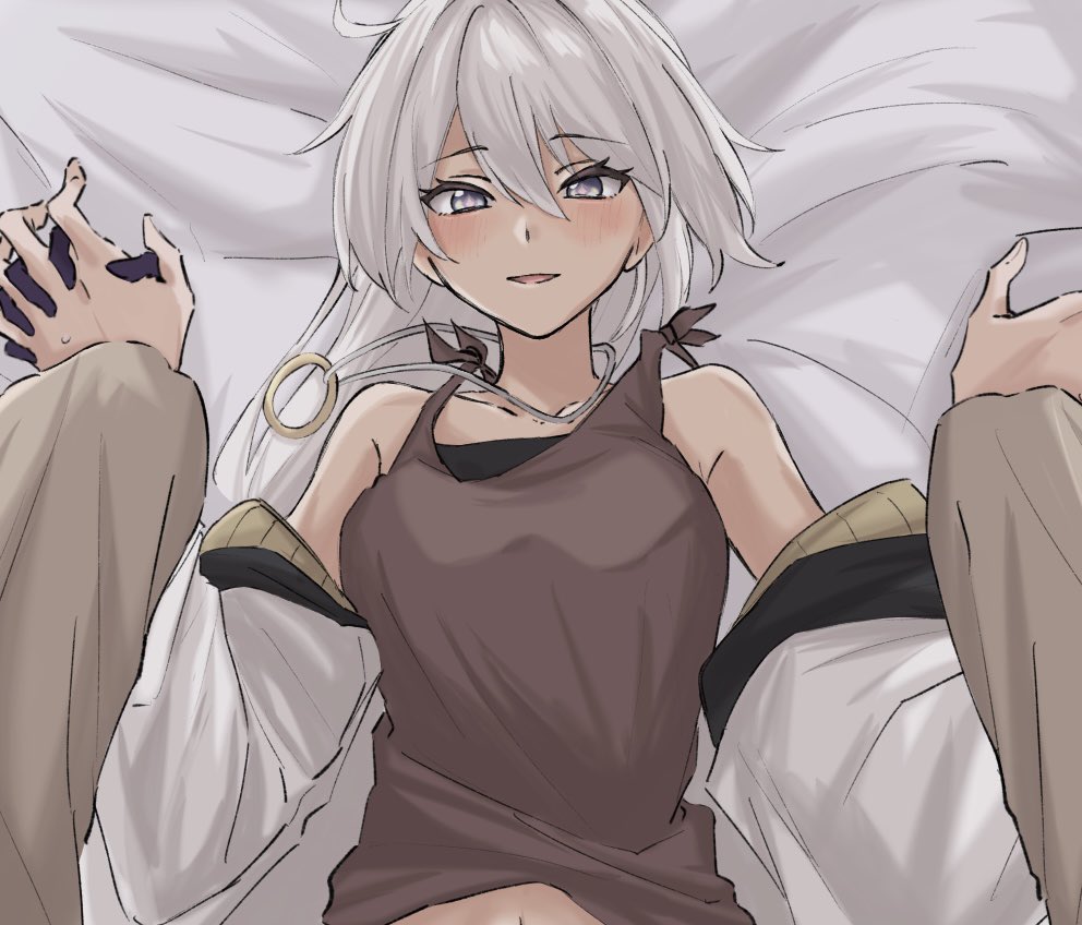 2girls black_gloves brown_tank_top commentary_request female_pov gloves holding_hands honkai_(series) honkai_impact_3rd interlocked_fingers jacket jewelry kiana_kaslana long_hair long_sleeves looking_at_viewer multiple_girls necklace on_bed parted_lips pov purple_eyes raiden_mei smile syonosuke9573 tank_top white_hair white_jacket yuri