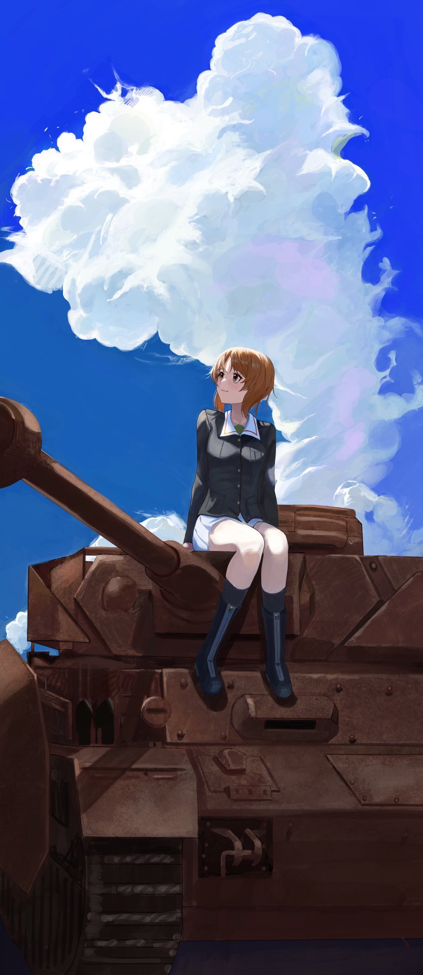 1girl blue_sky boots cloud combat_boots girls_und_panzer highres looking_up mamaa_(maeni6379) military_vehicle motor_vehicle nishizumi_miho ooarai_school_uniform panzer_iv school_uniform sky tank