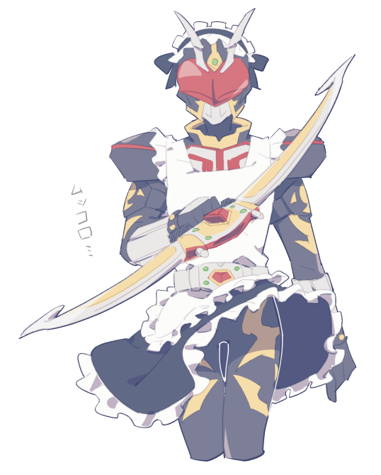 1boy apron armor belt black_dress bow bow_(weapon) dress facing_viewer headdress heart helmet japanese_text kamen_rider kamen_rider_blade_(series) kamen_rider_chalice maid maid_apron maid_headdress male_focus mask weapon