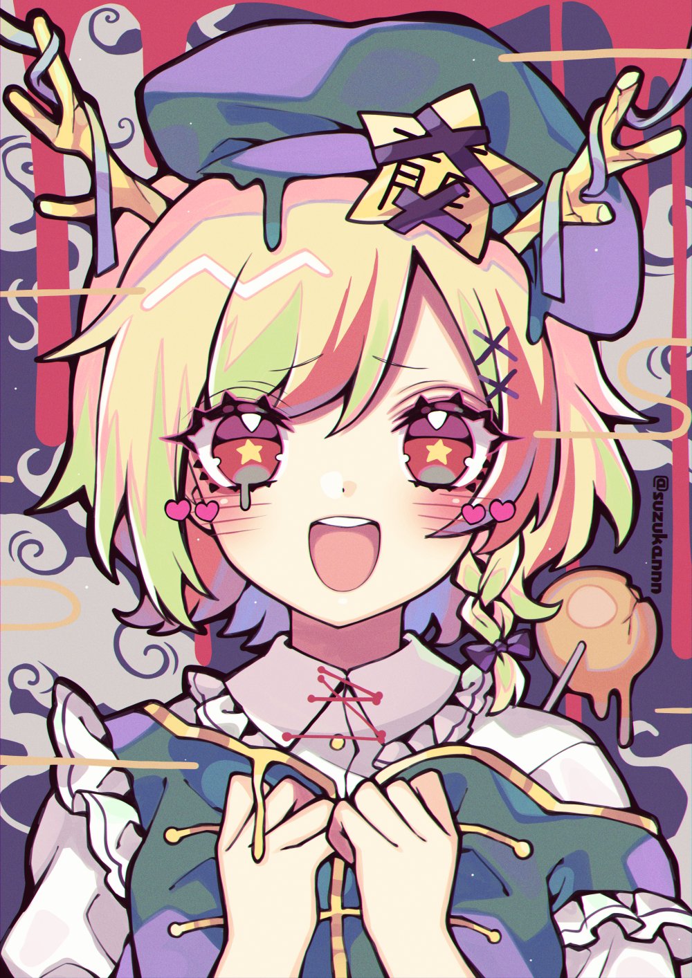 1girl :d antlers beret black_bow blonde_hair blush bow braid collared_shirt commentary cosplay frilled_shirt_collar frills green_hat green_vest hair_bow hair_ornament hat hat_ornament heart highres hong_meiling hong_meiling_(cosplay) horns kicchou_yachie kyouda_suzuka looking_at_viewer open_mouth portrait profile red_eyes shirt short_hair single_off_shoulder smile solo star-shaped_pupils star_(symbol) star_hat_ornament symbol-only_commentary symbol-shaped_pupils touhou twitter_username vest white_shirt x_hair_ornament