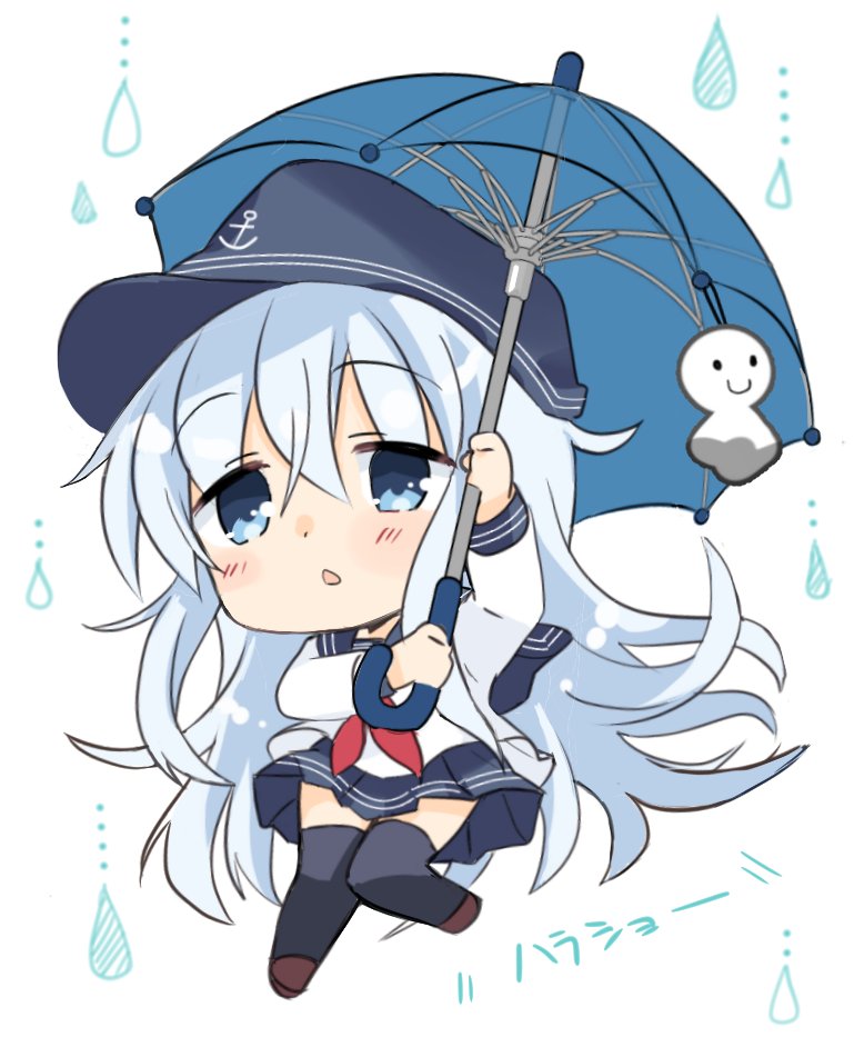 1girl anchor_symbol black_sailor_collar black_skirt black_thighhighs blue_eyes blue_umbrella chibi flat_cap full_body hat hibiki_(kancolle) hizuki_yayoi horosho kantai_collection long_hair neckerchief pleated_skirt rain red_neckerchief sailor_collar school_uniform serafuku silver_hair simple_background skirt solo teruterubouzu thighhighs umbrella white_background