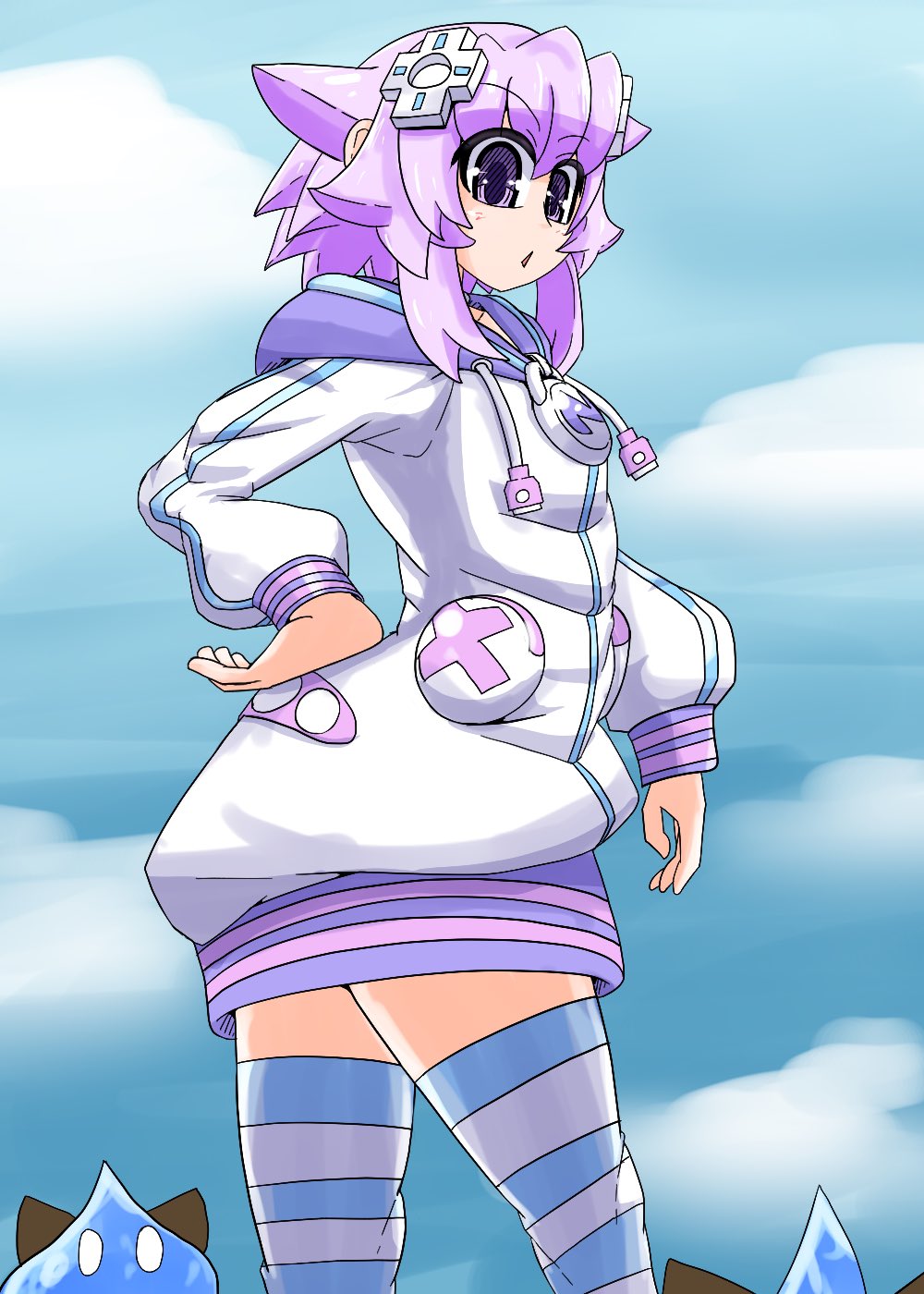1girl admiral_harizumi choker d-pad d-pad_hair_ornament dogoo hair_ornament highres jacket matching_hair/eyes neptune_(neptunia) neptune_(series) open_mouth outdoors purple_eyes purple_hair short_hair striped_legwear