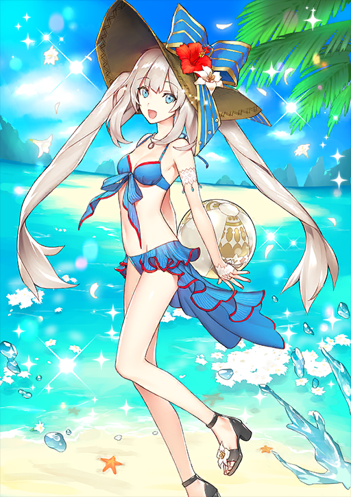 1girl :d arm_strap arms_behind_back ball bare_legs bare_shoulders beach beachball bikini bikini_skirt black_sandals blue_bikini blue_bow blue_eyes blue_sky bow breasts cleavage cloud day fate/grand_order fate_(series) fingernails flower flower_request foot_out_of_frame footwear_flower from_side front-tie_bikini_top front-tie_top ginka_sima groin hat hat_bow hat_flower hibiscus high-low_skirt high_heel_sandals holding holding_ball holding_beachball jewelry leg_up long_hair looking_at_viewer marie_antoinette_(fate) marie_antoinette_(swimsuit_caster)_(third_ascension)_(fate) navel necklace ocean official_art open_mouth orange_nails outdoors palm_tree red_flower sand sandals sidelocks sky smile solo spaghetti_strap sparkle splashing standing standing_on_one_leg starfish sun_hat swimsuit third-party_source tree twintails variant_set very_long_hair white_flower white_hair