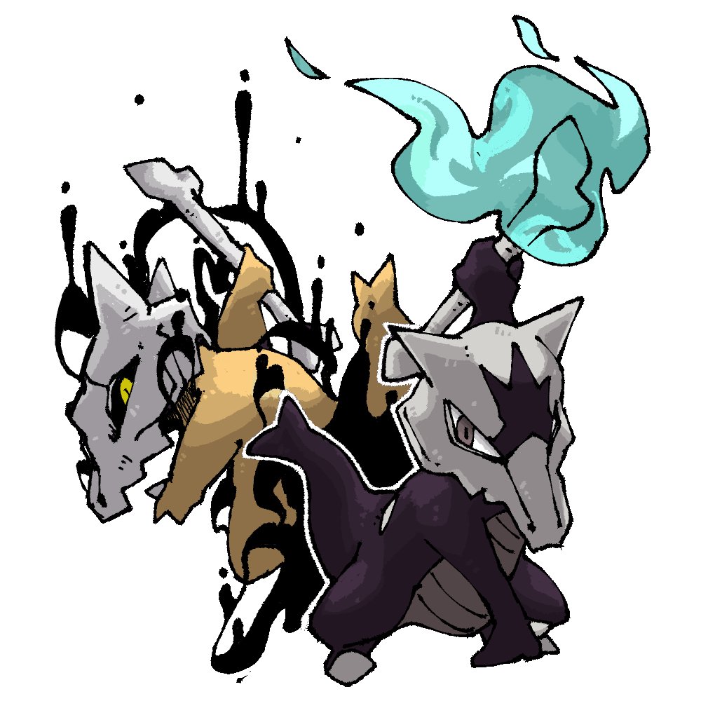 alolan_form alolan_marowak black_sclera blue_fire bone brown_eyes colored_sclera fire gen_1_pokemon gen_7_pokemon holding marowak nintendo pokemon pokemon_(creature) pokemon_focus pr_quote simple_background skull_head slime_(substance) standing white_background yellow_eyes