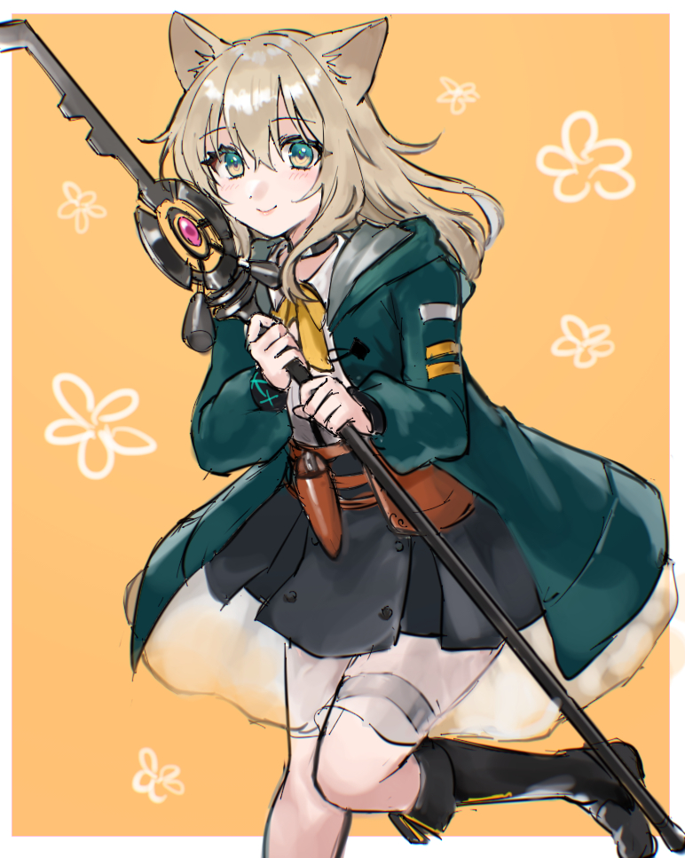 1girl animal_ears arknights black_boots blonde_hair boots breasts closed_mouth coat commentary foot_out_of_frame green_coat green_eyes hair_between_eyes hazuki_(nyorosuke) holding holding_staff infection_monitor_(arknights) knee_boots leg_up long_sleeves looking_at_viewer medium_breasts multicolored_eyes one-hour_drawing_challenge open_clothes open_coat podenco_(arknights) smile solo staff standing standing_on_one_leg thigh_strap two-tone_eyes yellow_background yellow_eyes