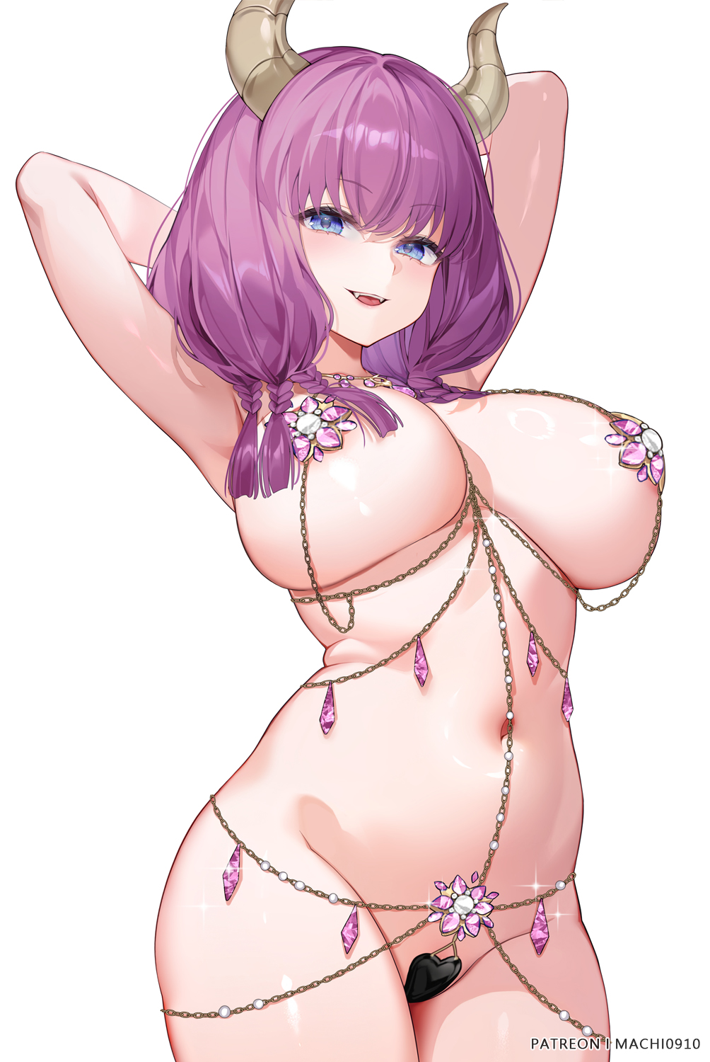 1girl arms_behind_head arms_up aura_(sousou_no_frieren) blue_eyes body_jewelry breasts brown_horns chain chain_bikini cowboy_shot demon_girl demon_horns fangs highres horns large_breasts looking_at_viewer machi_(machi0910) maebari medium_hair naked_jewelry navel open_mouth patreon_username purple_hair quad_braids revealing_clothes shiny_skin smile solo sousou_no_frieren sparkle stomach teeth upper_teeth_only
