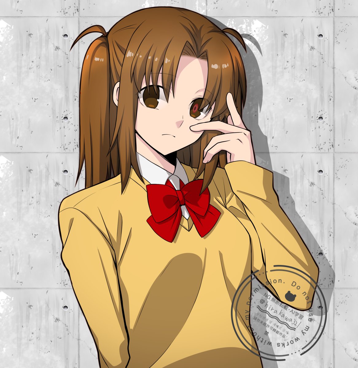 1girl brown_eyes brown_hair highres hirakawa long_hair shadow shirt solo sweater tsukihime tsukihime_(remake) twintails upper_body watermark white_shirt yellow_sweater yumizuka_satsuki