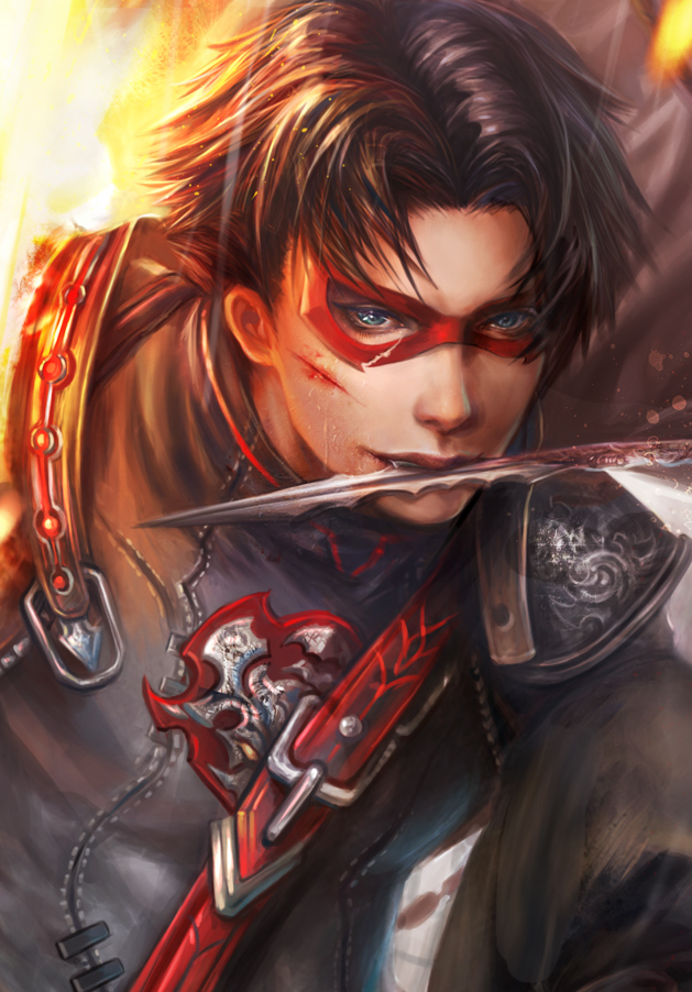 1boy black_hair blood dc_comics domino_mask fan_yang_(jiuge) holding holding_weapon jason_todd knife knife_in_mouth light male_focus mask red_hood_(dc) red_mask scar solo weapon