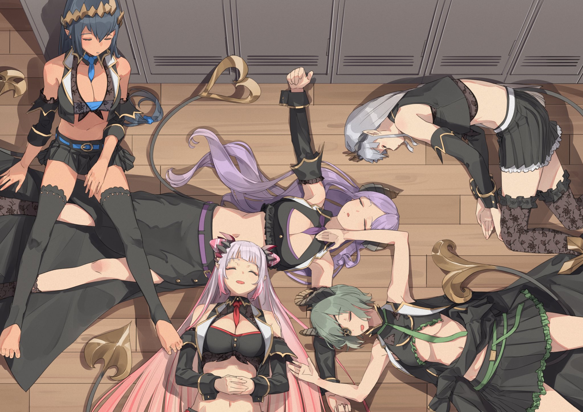 5girls atsushima barefoot belt between_breasts black_hair black_shirt black_skirt black_sleeves black_thighhighs black_vest blue_belt blue_necktie breasts cleavage closed_eyes collared_shirt commentary_request crop_top demon_girl demon_horns demon_tail detached_sleeves full_body gradient_hair green_belt green_hair green_necktie grey_hair hair_between_eyes highres honey_strap horns large_breasts locker locker_room long_bangs long_hair long_sleeves miniskirt multicolored_hair multiple_girls nanashi_inc. necktie necktie_between_breasts on_floor open_mouth pink_hair pleated_skirt pointy_ears purple_belt purple_hair purple_necktie red_necktie saionji_mary sekishiro_mico shimamura_charlotte shirt short_hair sitting skirt sleeping sleeveless sleeveless_shirt sougetsu_eli suou_patra suou_patra_(1st_costume) tail tan thighhighs unconscious underboob very_long_hair vest virtual_youtuber white_belt white_vest wooden_floor