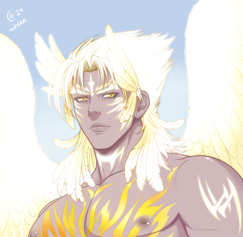 1boy angel_jin angel_wings autumn_sacura gold_hair gold_wings kazama_jin male_focus namco silver_skin tekken tekken_8 wings