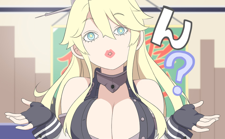 asobi_asobase blonde_hair breasts cleavage darkmaya gloves iowa_(kancolle) kantai_collection large_breasts olivia_(asobi_asobase) parody ? star-shaped_pupils star_(symbol) symbol-shaped_pupils