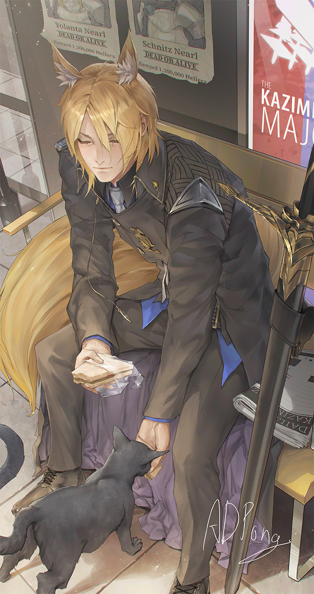 1boy adpong animal animal_ear_fluff animal_ears arknights black_cat black_jacket black_pants blonde_hair blue_shirt cat closed_eyes closed_mouth extra_ears feeding food highres holding holding_food horse_boy horse_ears horse_tail jacket long_sleeves male_focus mlynar_(arknights) necktie newspaper outdoors pants sandwich shirt short_hair sitting solo sword tail weapon