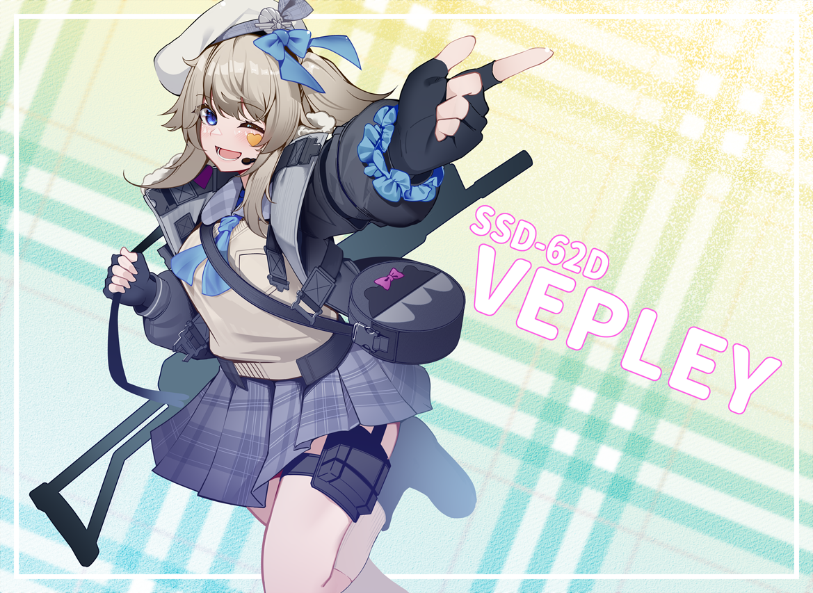 1girl bag beret black_gloves black_jacket blonde_hair blue_eyes blush bow brown_cardigan cardigan feet_out_of_frame fingerless_gloves girls'_frontline girls'_frontline_2:_exilium gloves grey_skirt gun hair_between_eyes hair_bow hat headset holding holding_bag holster index_finger_raised izhmash jacket kalashnikov_concern long_hair molot molot-oruzhie molot_weapons one_eye_closed open_clothes open_jacket open_mouth semi-automatic_shotgun shotgun simple_background skirt solo thigh_holster vepley_(girls'_frontline_2) vepr-12 vyatskiye_polyany_machine-building_plant warashi weapon