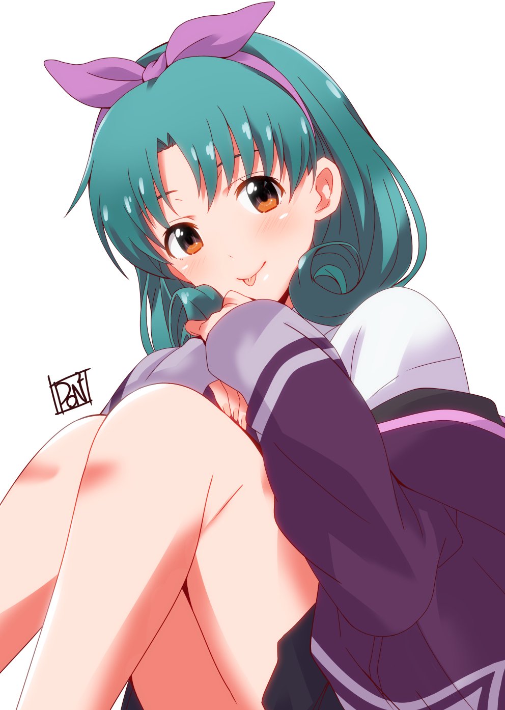 1girl aqua_hair artist_logo black_skirt blush bow bow_hairband brown_eyes commentary_request cosplay crossover curly_hair gridman_universe hair_bow hairband highres idolmaster idolmaster_million_live! idolmaster_million_live!_theater_days jacket logo long_sleeves looking_at_viewer medium_hair off_shoulder parted_bangs pleated_skirt ponpon purple_bow purple_hairband purple_jacket shinjou_akane shinjou_akane_(cosplay) shirt skirt sleeves_past_wrists smile solo ssss.gridman tokugawa_matsuri tongue tongue_out white_shirt