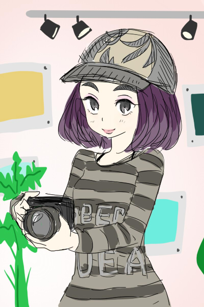 1girl artist_request baseball_cap bob_cut camera doodle wagamama_fashion_girls_mode:_yokubari_sengen! gradient_hair grey_eyes grey_shirt hat holding holding_camera multicolored_hair photographer pink_lips print_shirt purple_hair shirt simple_background smile solo striped_clothes striped_shirt girls_mode teagen_(style_savvy) two-tone_hair