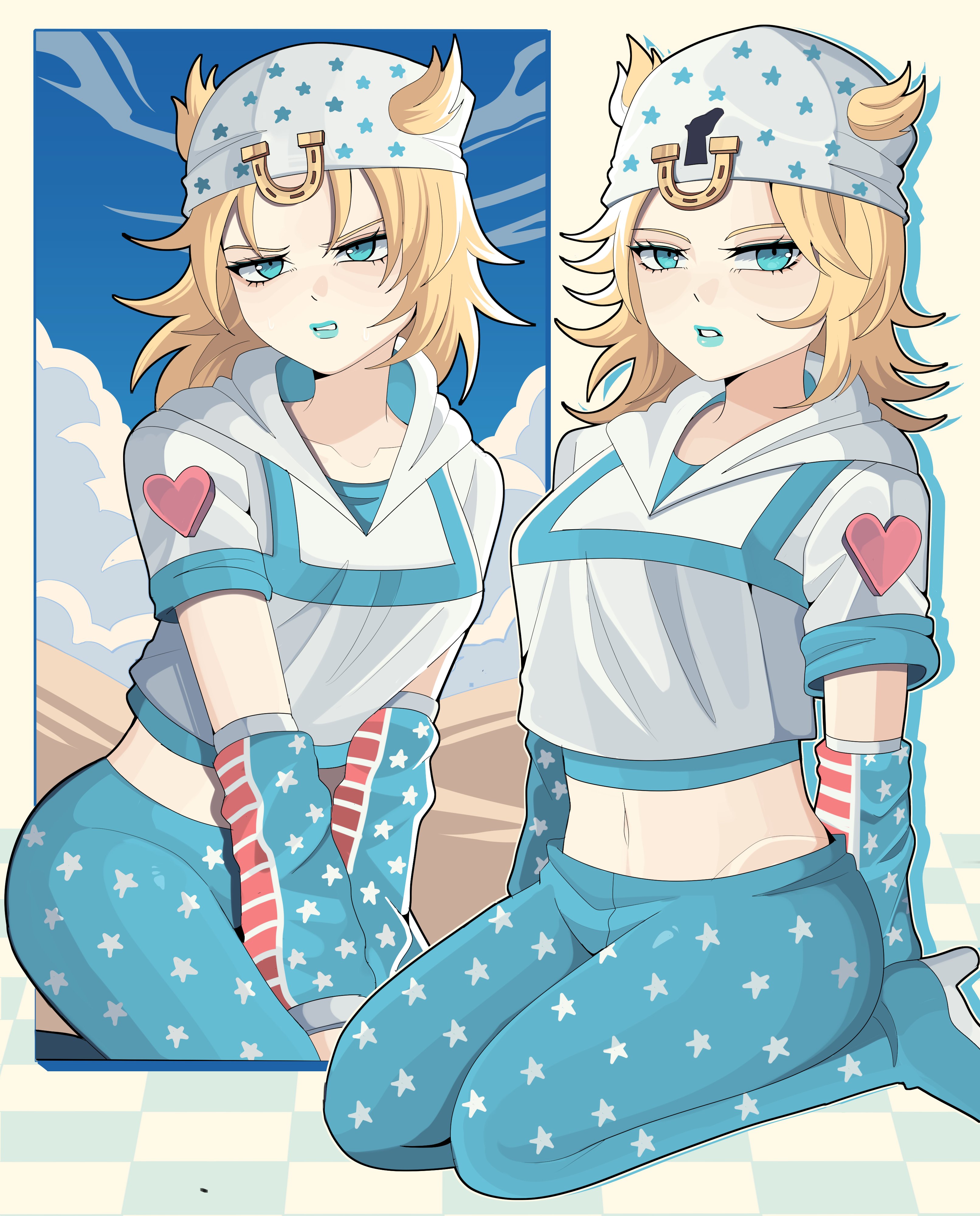 1girl absurdres aqua_eyes aqua_pants blonde_hair blue_sky blush bobamiruku boots commentary cropped_hoodie english_commentary eyelashes genderswap genderswap_(mtf) hair_through_headwear hat heart high_heels highres hood hood_down hoodie horseshoe_ornament johnny_joestar jojo_no_kimyou_na_bouken kneeling long_hair looking_at_viewer midriff multiple_views navel pants parted_bangs parted_lips seiza short_sleeves sitting sky solo steel_ball_run tile_floor tiles v-shaped_eyebrows white_hat white_hoodie