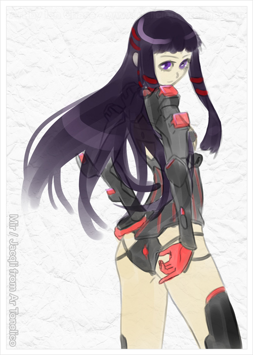 1girl adjusting_clothes adjusting_swimsuit ar_tonelico ar_tonelico_ii ass black_hair deliciousorange female_focus flat_chest from_behind hair_ribbon jakuri_(ar_tonelico) long_hair one-piece_swimsuit purple_eyes ribbon solo swimsuit thighhighs