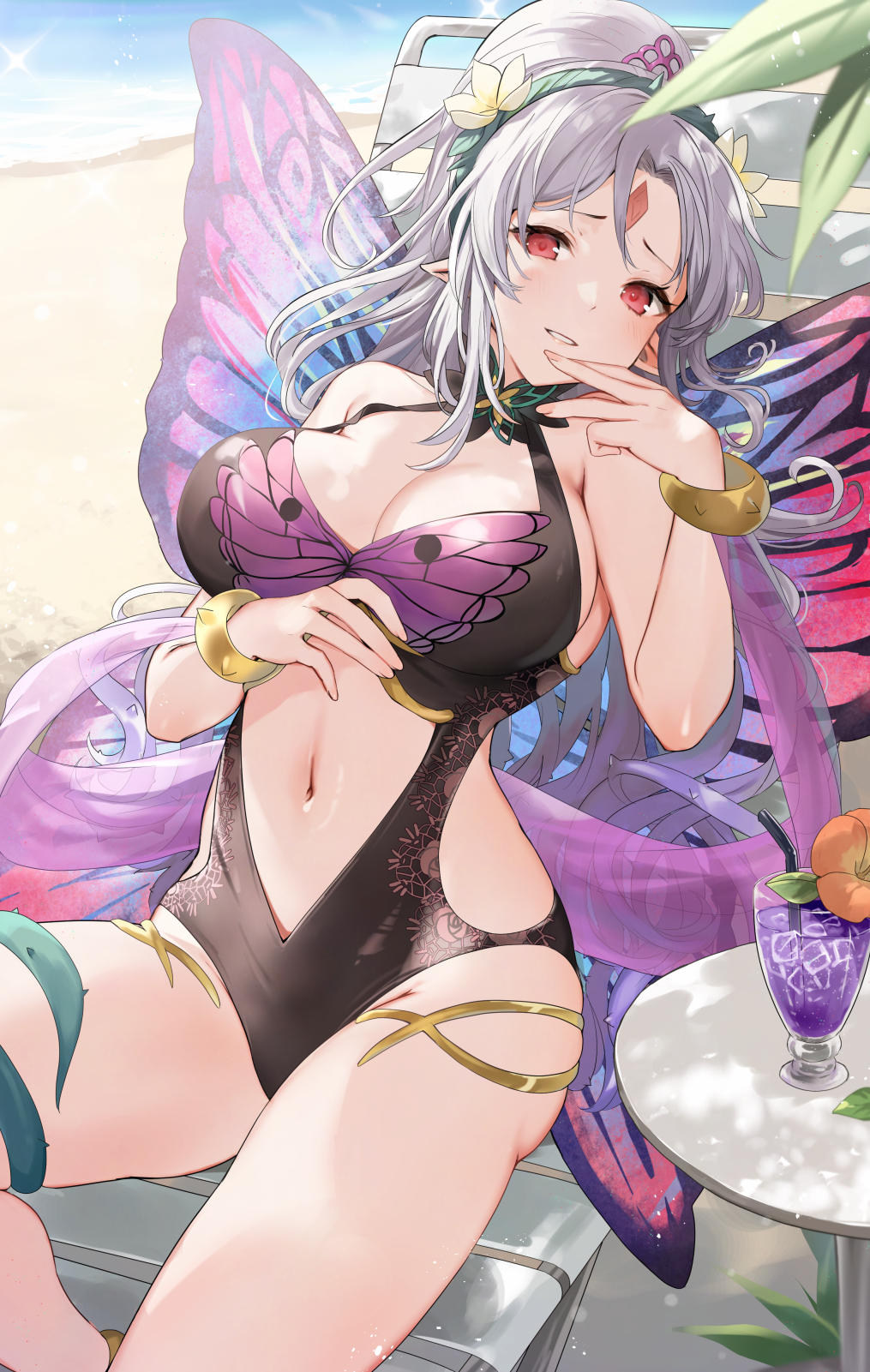 1girl animal_print armlet beach black_one-piece_swimsuit breasts butterfly_print butterfly_wings cleavage commission crown_of_thorns diamond_facial_mark drink facial_mark fairy fairy_wings fire_emblem fire_emblem_heroes flower forehead_mark gold_thighlet grey_hair hair_flower hair_ornament hair_vines haru_(nakajou-28) highres insect_wings jewelry large_breasts looking_at_viewer midriff nintendo ocean one-piece_swimsuit plant plant_hair plumeria_(fire_emblem) plumeria_(summer)_(fire_emblem) pointy_ears red_eyes sitting solo stomach swimsuit thighlet thighs thorns vines wings