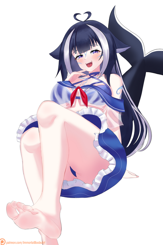 1girl barefoot black_hair blush cetacean_tail feet fish_tail immortalboobs indie_virtual_youtuber long_hair looking_at_viewer multicolored_hair open_mouth purple_eyes see-through_clothes shylily soles streaked_hair toes whale