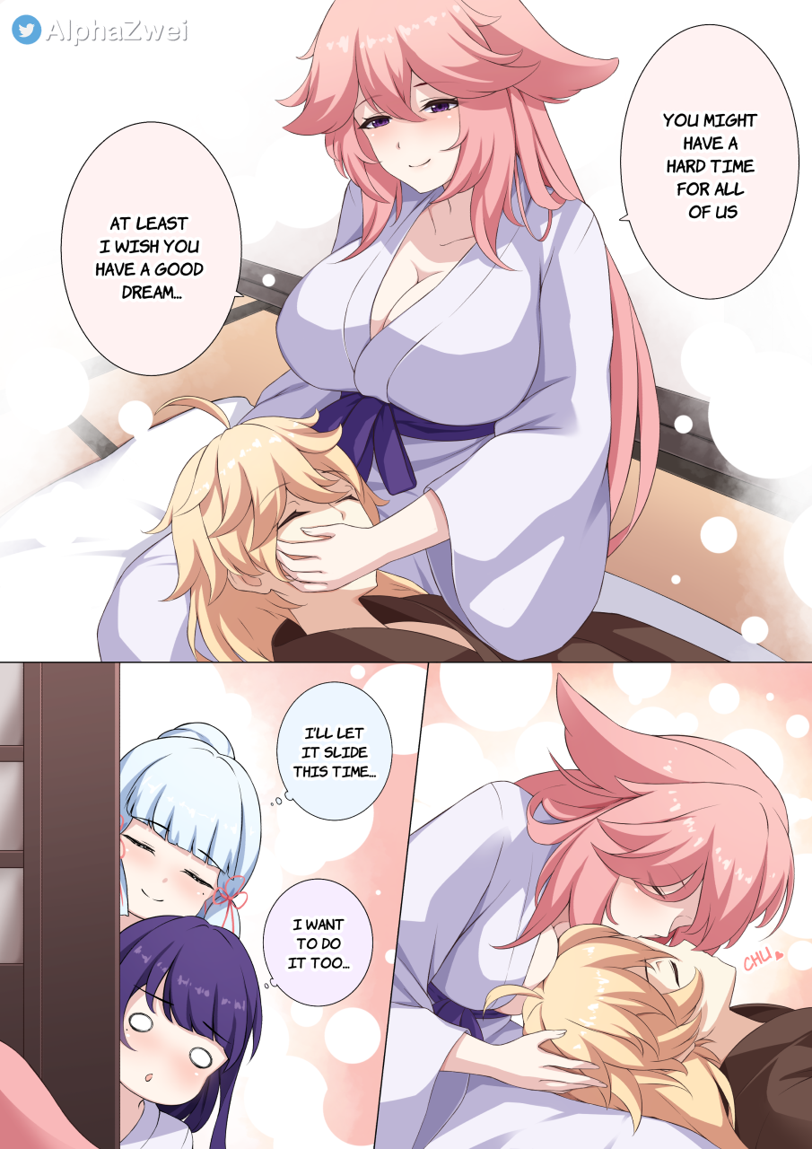 1boy 3girls aether_(genshin_impact) ahoge alpha_zwei alternate_breast_size alternate_language animal_ears ayaka_(genshin_impact) blonde_hair blush breasts cleavage closed_mouth collarbone commentary_request english_text fox_ears genshin_impact hair_between_eyes half-closed_eyes hand_on_another&#039;s_head highres japanese_clothes kimono kiss kissing_forehead large_breasts long_hair lying multiple_girls o_o on_back peeking_out pink_hair purple_eyes purple_hair raiden_shogun sitting smile speech_bubble twitter_logo twitter_username very_long_hair white_hair white_kimono yae_miko