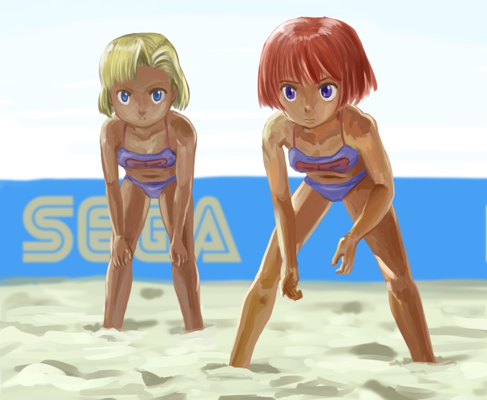 2girls alternate_costume beach beach_volleyball bikini blue_bikini burning_rangers chris_parton day full_body legs_apart looking_at_viewer multiple_girls nak_(nakroom) outdoors playing_sports sand sega short_hair sports_bikini swimsuit tillis volleyball