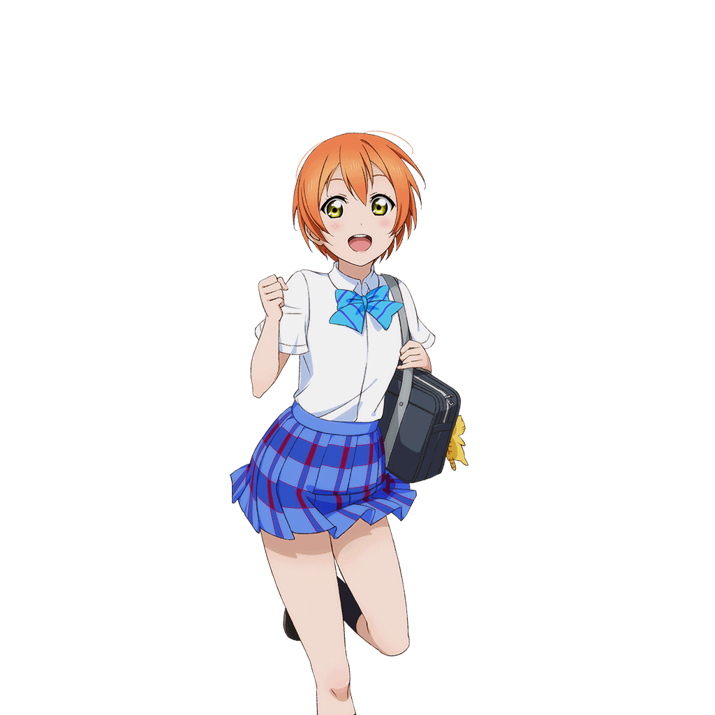 1girl :d anime_coloring bag bag_charm black_shoes black_socks blue_bow blue_bowtie blue_skirt blush bow bowtie charm_(object) clenched_hand diagonal-striped_bow diagonal-striped_bowtie diagonal-striped_clothes dress_shirt feet_out_of_frame hand_up holding holding_bag hoshizora_rin leg_up loafers looking_at_viewer love_live! love_live!_school_idol_festival love_live!_school_idol_project miniskirt official_art open_mouth orange_hair otonokizaka_school_uniform plaid_clothes plaid_skirt pleated_skirt running school_bag school_uniform shirt shoes short_hair short_sleeves skirt smile socks solo standing standing_on_one_leg striped_clothes stuffed_animal stuffed_cat stuffed_toy teeth transparent_background upper_teeth_only white_shirt yellow_eyes
