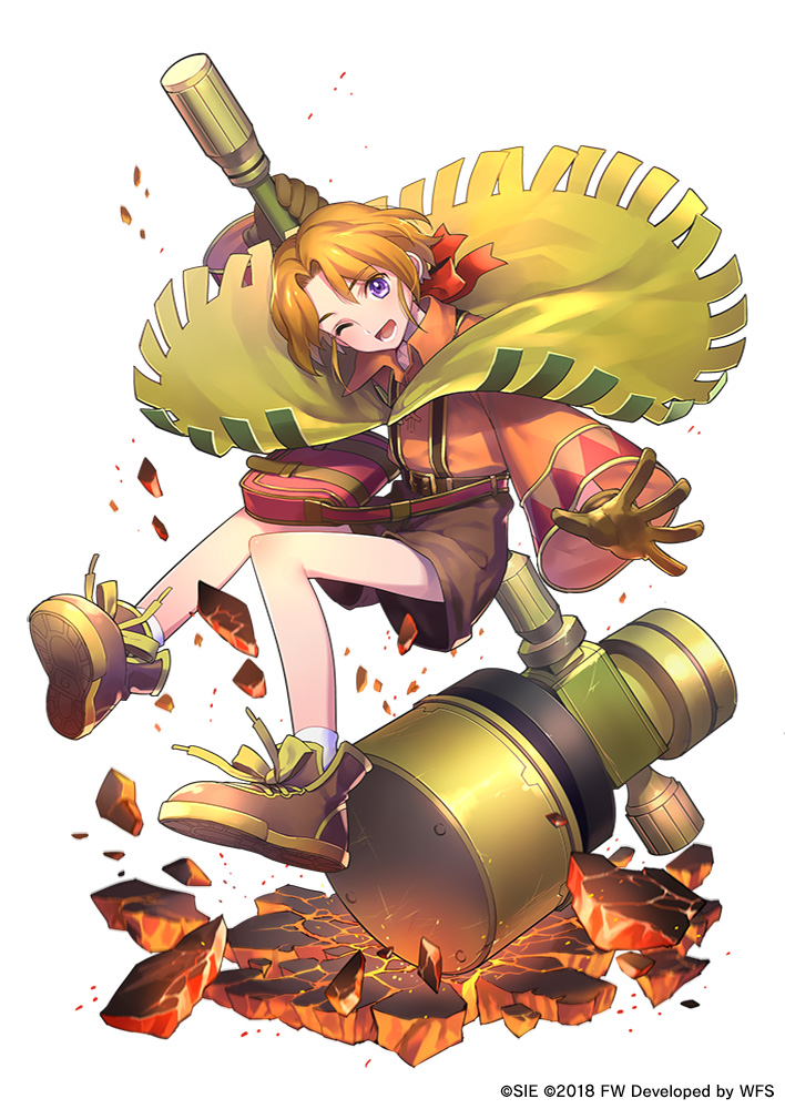 1girl ;d bag blouse bow brown_hair brown_shoes cape collared_shirt company_name crack female_focus full_body gloves green_cape hair_bow hammer handbag looking_at_viewer male_focus official_art one_eye_closed open_mouth orange_shirt parted_bangs purple_eyes red_bow rock shirt shoes short_shorts shorts smile sneakers socks solo tetsukuzu_tetsuko war_hammer warhammer weapon wide_sleeves