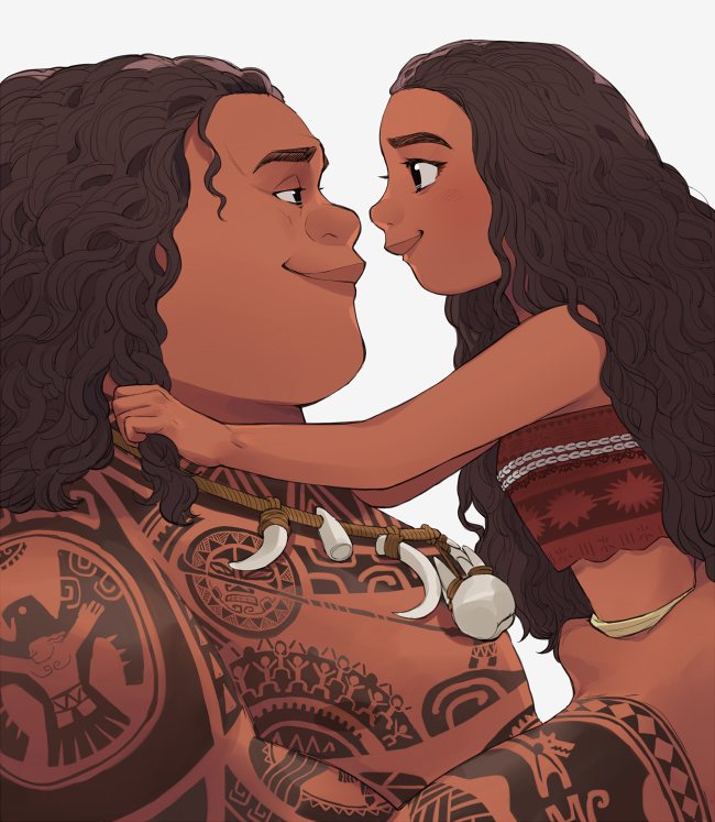 1boy 1girl arm_tattoo brown_eyes brown_hair chest_tattoo dark-skinned_female dark-skinned_male dark_skin from_side jewelry long_hair looking_at_another maui_(moana) moana_(movie) moana_waialiki necklace pano_(mohayayamai) simple_background tattoo tribal_tattoo upper_body white_background