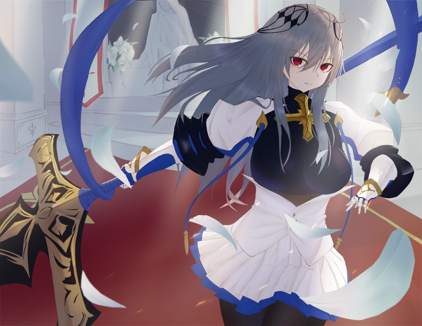 1girl armor azur_lane blue_ribbon breastplate breasts corset diamond_(shape) female_focus fleur-de-lis gauntlets grey_hair hair_between_eyes hair_ornament holding holding_behind_back holding_polearm holding_polearm_behind_back holding_spear holding_weapon holding_weapon_behind_back long_hair looking_at_viewer medium_breasts pleated_skirt polearm red_eyes ribbon saint-louis_(azur_lane) shigma skirt solo spear unitard weapon white_corset white_petals white_skirt