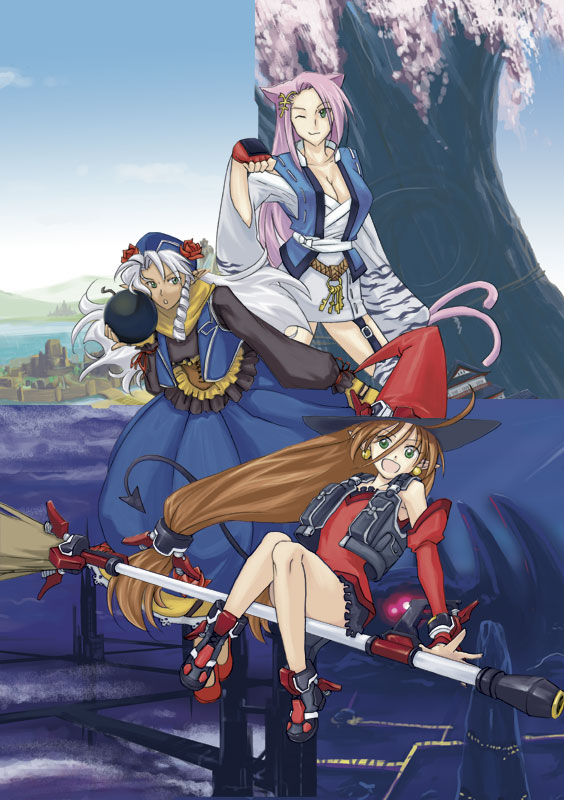 3girls animal_ears asou_naruto bandages banpresto breasts broom broom_riding brown_hair cat_ears cleavage detached_sleeves dorothy_mistral dress drill_hair fingerless_gloves garter_belt gloves green_eyes hat koma_(srw) kyon_feulion large_breasts long_hair multiple_girls one_eye_closed pink_hair pointy_ears sidesaddle silver_hair skirt super_robot_wars super_robot_wars_og_saga_mugen_no_frontier vest wink witch_hat