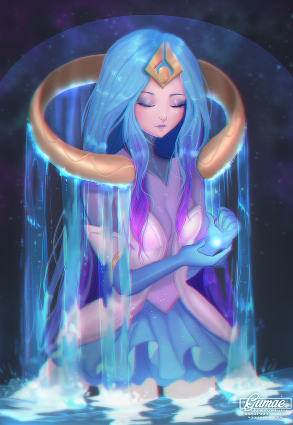 1girl artist_name blue_gloves blue_skirt breasts closed_eyes closed_mouth elementalist_lux eyeshadow female_focus gloves gumae league_of_legends lipstick long_hair lux_(league_of_legends) makeup medium_breasts partially_submerged purple_lips skirt solo standing water water_elementalist_lux watermark web_address
