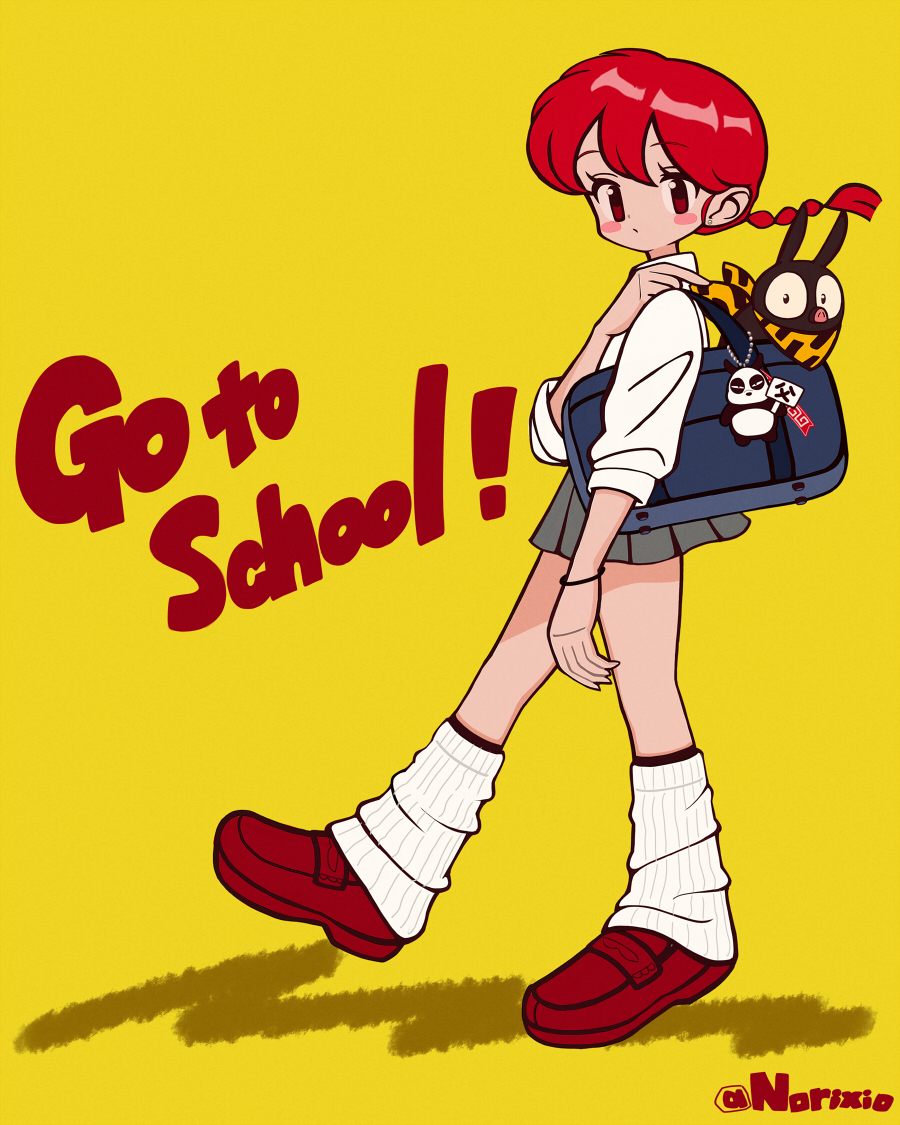 alternate_costume animal_in_bag artist_name bag bandana blush_stickers bracelet braid braided_ponytail brown_footwear english_text facing_to_the_side full_body fuurinkan_high_school_uniform genderswap genderswap_(mtf) jewelry large_shoes looking_at_viewer loose_socks miniskirt norixio p-chan panda_ornament pig piglet ranma-chan ranma_1/2 red_eyes red_hair school_bag school_uniform shirt shoes short_hair single_braid skirt socks walking white_shirt yellow_background yellow_bandana