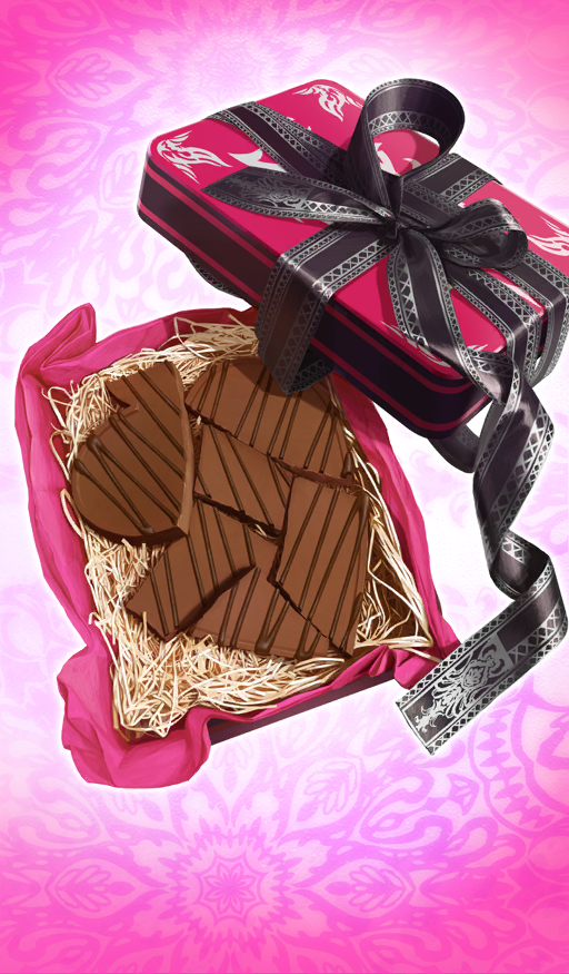 akitaken_(non_faciem) black_ribbon box broken chocolate commentary fate/grand_order fate_(series) food food_focus gift gift_box in_box in_container lid no_humans official_art pink_background pink_theme ribbon still_life third-party_source
