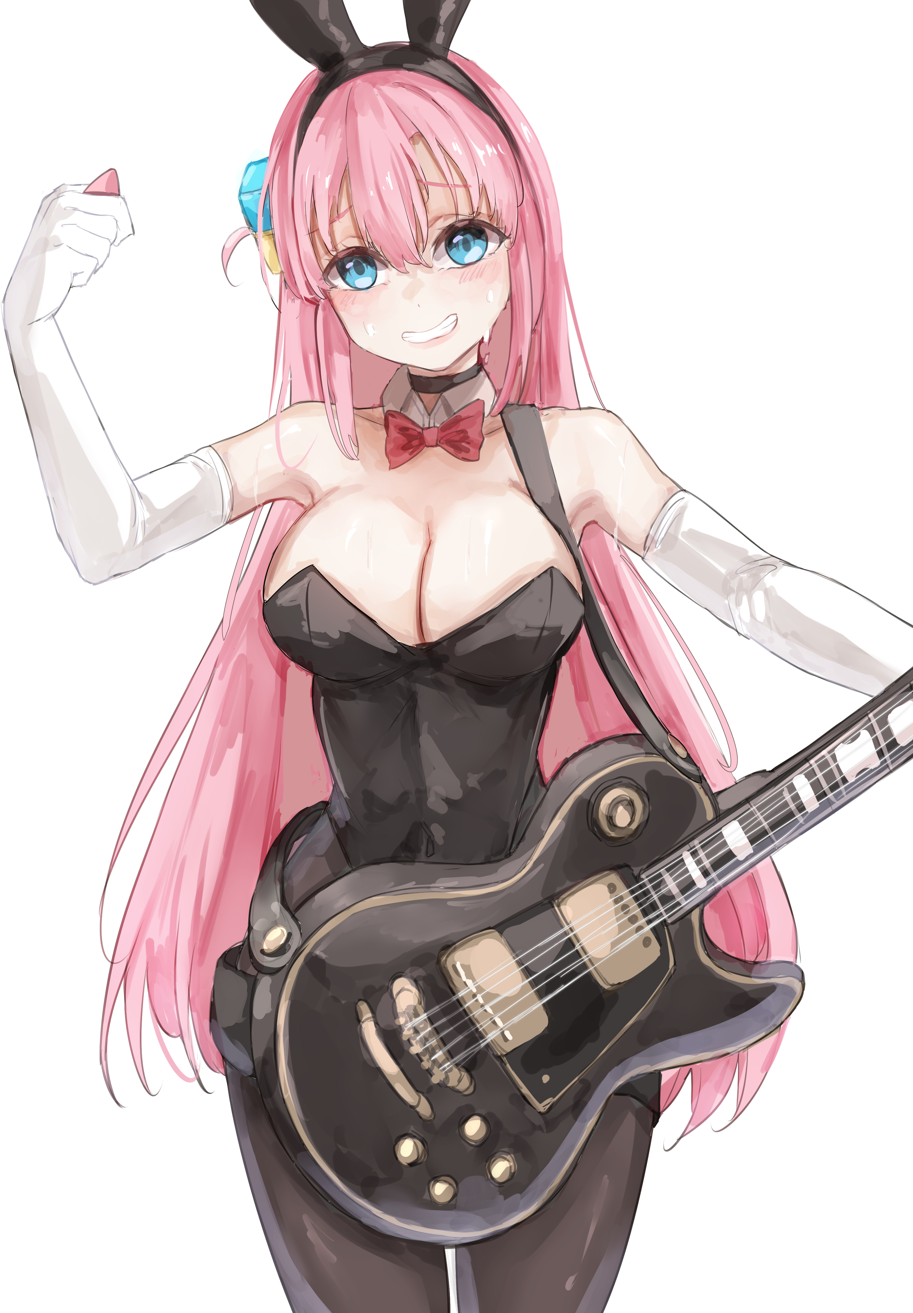 1girl absurdres animal_ears black_leotard black_pantyhose blue_eyes bocchi_the_rock! breasts cleavage cube_hair_ornament detached_collar elbow_gloves fake_animal_ears gloves gotoh_hitori guitar hair_ornament highres holding holding_plectrum instrument large_breasts leotard nui_gurumi pantyhose pink_hair playboy_bunny plectrum rabbit_ears simple_background solo sweat white_background white_gloves