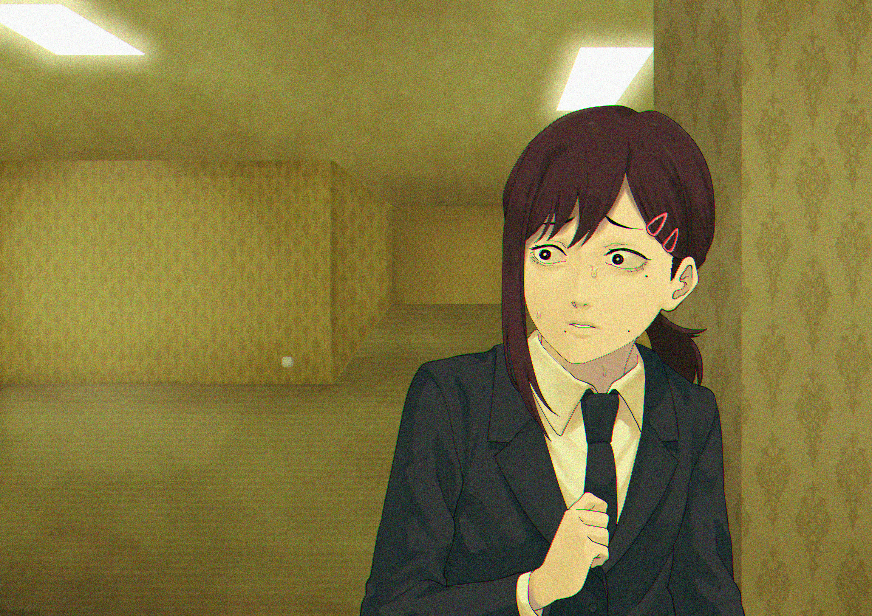 1girl backrooms_(creepypasta) black_necktie chainsaw_man formal_clothes hair_ornament hairpin higashiyama_kobeni highres mole multiple_expressions necktie ookubo_menma shirt suit sweat white_shirt
